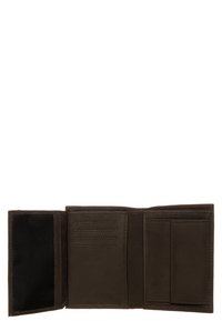 Brown leather wallet with multiple card slots, a mesh pocket, and a smooth, textured finish. Open view shows interior layout and compartments.