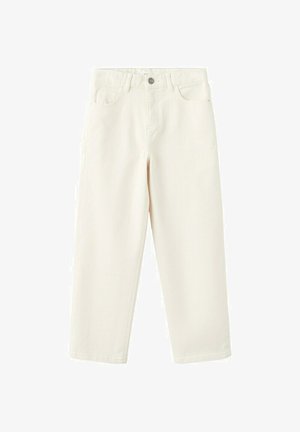 Jean droit couleur écrue avec poches avant, passants pour ceinture, fermeture par bouton et coutures visibles sur fond blanc.