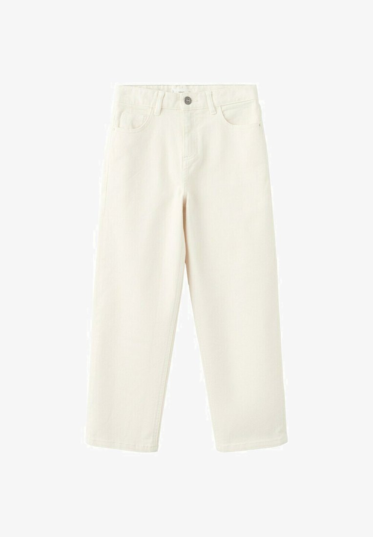 Jean droit couleur écrue avec poches avant, passants pour ceinture, fermeture par bouton et coutures visibles sur fond blanc.