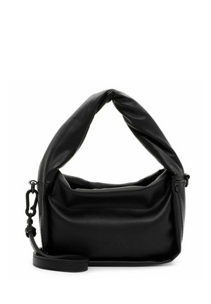 Sac à main en simili cuir noir avec une poignée nouée, texture douce, bandoulière ajustable, branding discret et silhouette décontractée.