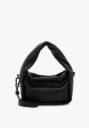 Sac à main en simili cuir noir avec une poignée nouée, texture douce, bandoulière ajustable, branding discret et silhouette décontractée.