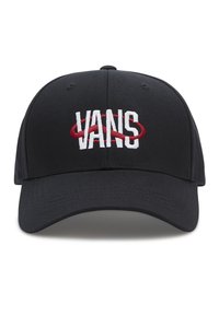 Cappellino nero con visiera curva. Presenta il logo "VANS" ricamato in bianco con un accento rosso ovale. Realizzato in tessuto con una texture liscia.