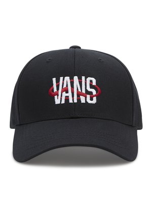 Cappellino nero con visiera curva. Presenta il logo "VANS" ricamato in bianco con un accento rosso ovale. Realizzato in tessuto con una texture liscia.