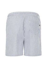 Herrsimningstajta i blått och vitt randigt tyg, med elastisk midja och en enda bakficka.