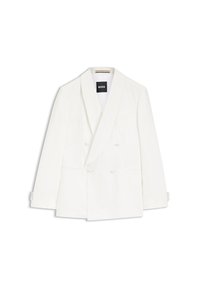 Weißer zweireihiger Blazer mit spitzen Revers, geknöpften Manschetten und einem schwarzen "BOSS"-Label auf der Innenseite des Kragens, vor weißem Hintergrund präsentiert.