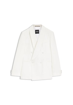 Valge kahekordse nööpidega jakk tipplapakatega, nööbitud mansettidega ja musta "BOSS" märgiga krae siseküljel, valgel taustal eksponeeritud.
