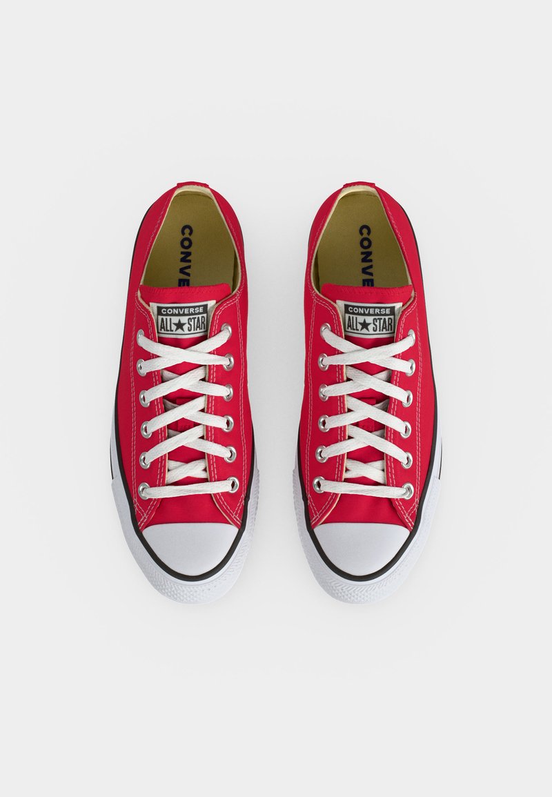 Paio di sneakers basse rosse Converse All Star con lacci bianchi e punta in gomma viste dall'alto su sfondo bianco.