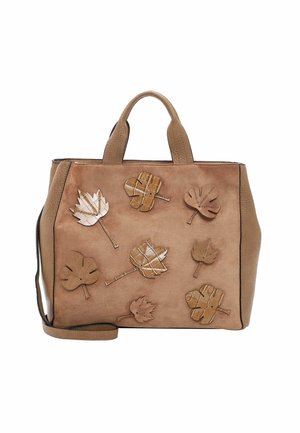 Brązowa torba tote z faux zamszu z podwójnymi uchwytami, z wytłoczonymi wzorami liści w jaśniejszych odcieniach. Teksturowana powierzchnia i uporządkowany kształt.