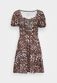 Vestido de estampa de onça com mangas bufantes curtas, decote quadrado, corpete ajustado e saia rodada, feito de um tecido liso e elástico.