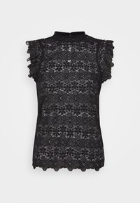 Svart spets-topp med volangärmar, prydd med blommönster och hög krage. Sicksackkantad nederkant ger en extra detalj.