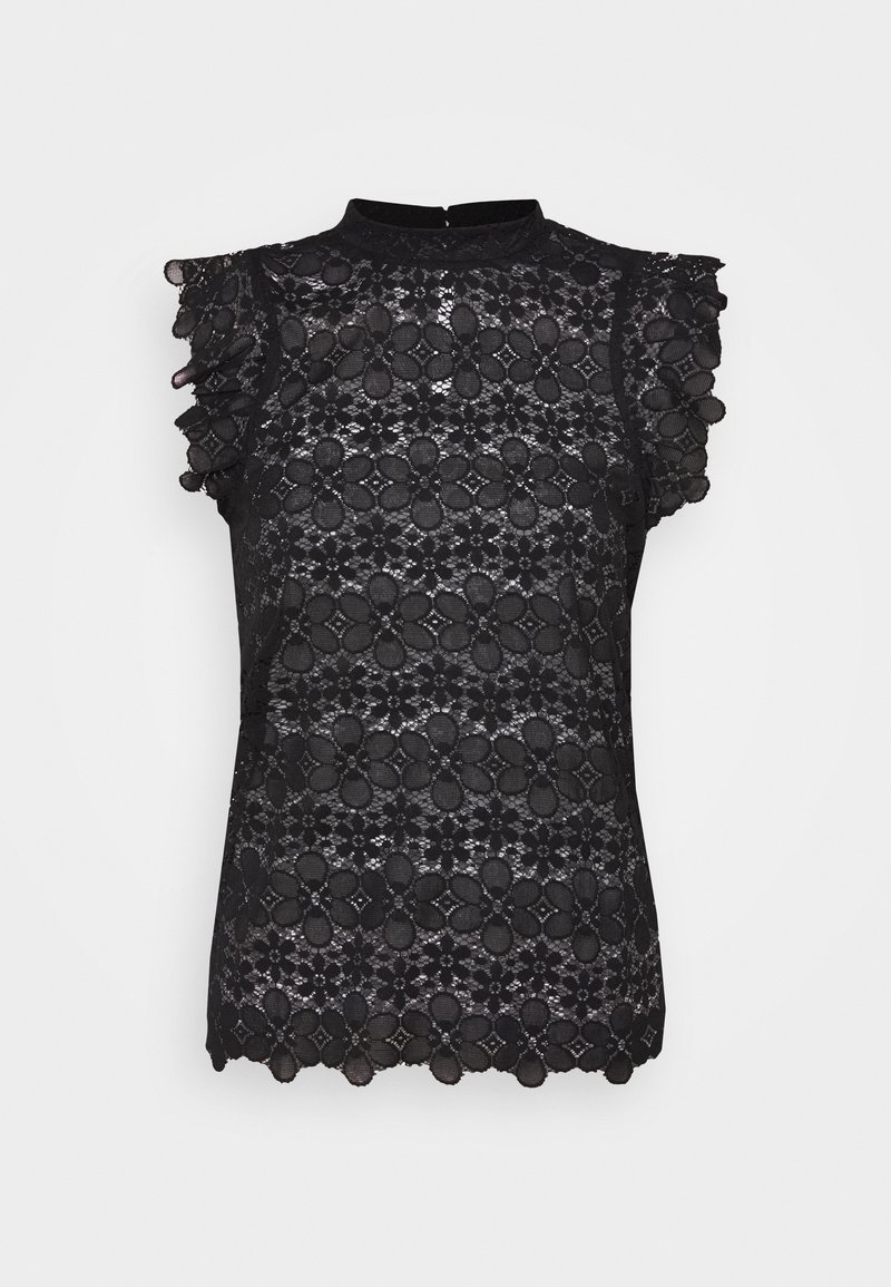 Svart spets-topp med volangärmar, prydd med blommönster och hög krage. Sicksackkantad nederkant ger en extra detalj.