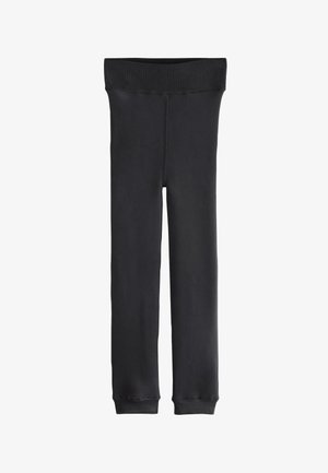 Sorte leggings i fuld længde med bred elastisk linning og tætsiddende ankelfinish, vist på hvid baggrund.