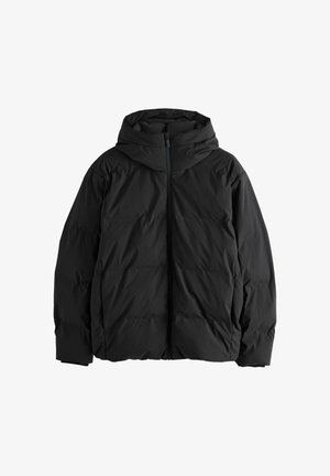 Black insulated jacket with a hood, featuring a smooth texture, zip closure, and padded design for warmth.