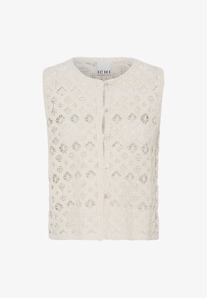 Ærmeløs cremefarvet hækle-strikvest med rund halsudskæring og knaplukning foran fra ICHI.