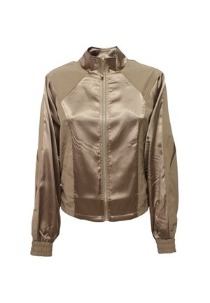 Giacca in satin color bronzo con colletto alto, zip frontale e polsini elasticizzati. Caratterizzata da un design a pannelli e una superficie liscia.