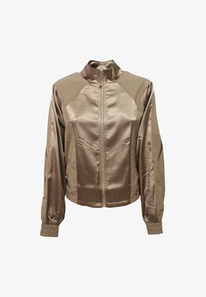 Giacca in satin color bronzo con colletto alto, zip frontale e polsini elasticizzati. Caratterizzata da un design a pannelli e una superficie liscia.