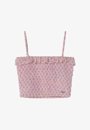 Kerge roosa lillemusteriga rinnahoidja, millel on smockitud tekstuur, volangiga ääred ja õhukesed reguleeritavad rihmad.