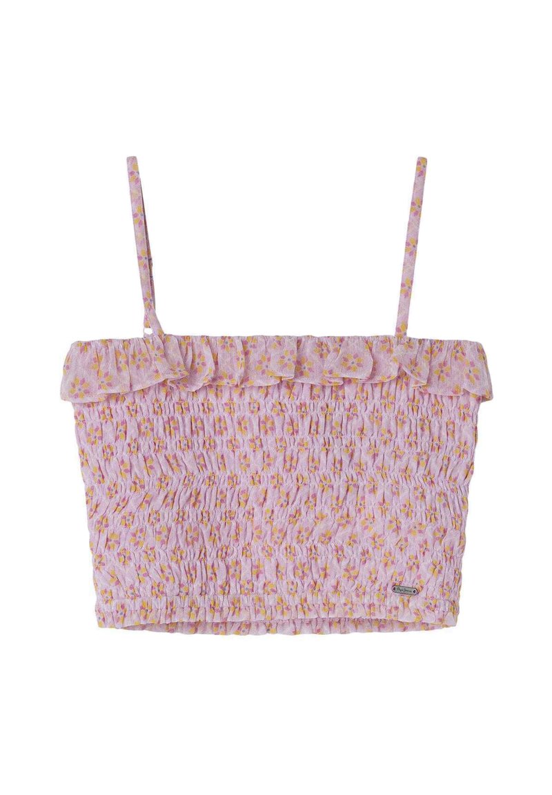 Top corto floral de tela rosa claro, con textura fruncida, bordes rizados y tirantes delgados ajustables con un patrón de flores amarillas.