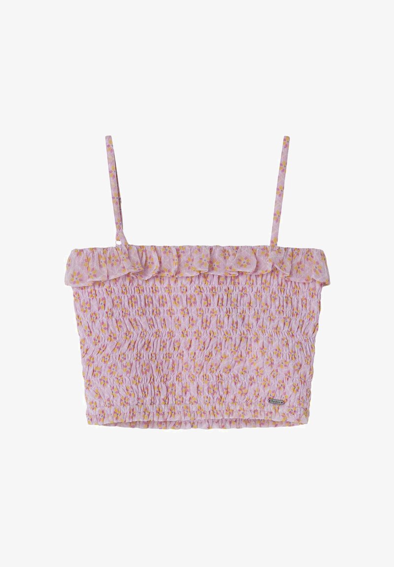 Kerge roosa lillemusteriga rinnahoidja, millel on smockitud tekstuur, volangiga ääred ja õhukesed reguleeritavad rihmad.