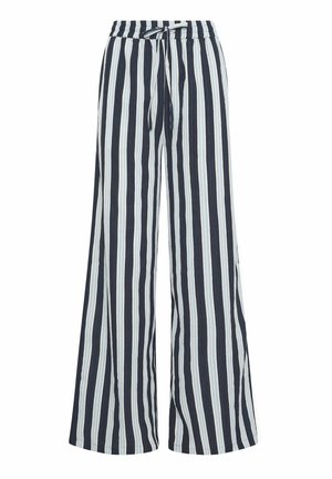 Vapaat housut, joissa on pystysuorat laivastonsiniset ja valkoiset raidat, joustava vyötärönauha ja edessä solmittava kiristysnauha.