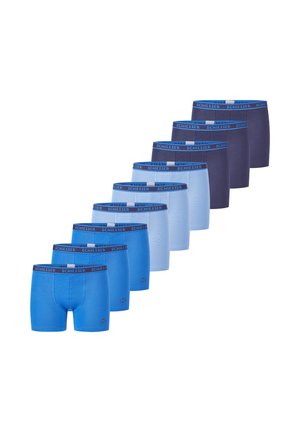 Blaue Boxershorts, angeordnet in einem Farbverlauf von dunkel nach hell, mit elastischem Bund und Markenlogo sowie glatter Stoffoberfläche.