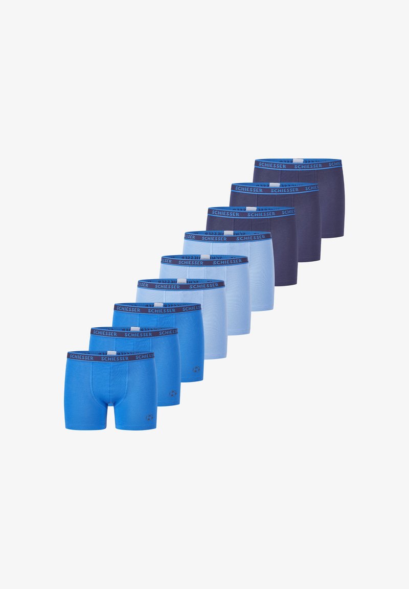 Pantaloni boxer blu disposti in un gradiente dal scuro al chiaro, dotati di una cintura elastica con logo del marchio e texture di tessuto liscia.