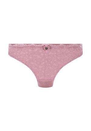 Lace string in zacht roze met een bloemenpatroon, satijnen tailleband en een klein strikdetail aan de voorkant. Contrasterende gestructureerde en gladde stof.