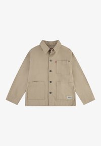 Beige Arbeitsjacke mit Knopfleiste, drei großen Fronttaschen, einer kleinen Brusttasche und einem Kragen. Hergestellt aus strapazierfähigem Baumwollstoff.