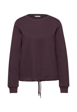 Sudadera púrpura con mangas largas, cuello redondo y dobladillo con cordón. La tela parece suave y con textura, adecuada para un uso casual.