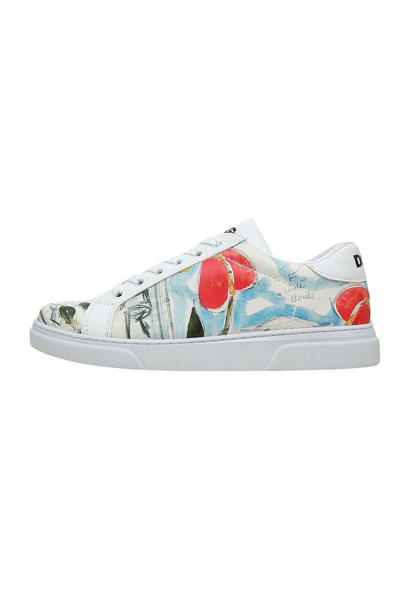 White sneakers with a floral print featuring red flowers and green leaves, smooth leather texture, and a rubber sole.