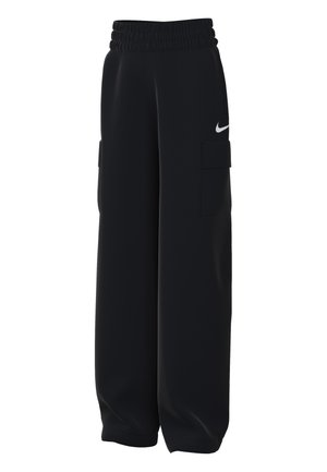 Pantalones cargo Nike negros con cintura elástica, dos bolsillos laterales y un diseño suelto de pierna ancha. Textura de tejido suave y logo minimalista.