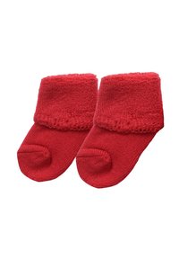 Rote gestrickte Babysocken mit einem strukturierten Bündchen und einem glatten Körper, ausgestattet mit einer abgerundeten Zehe und leichtem Stretch für Komfort.
