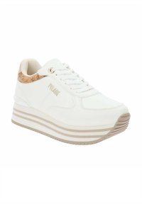 Sneaker platform bianche con un accento beige testurizzato sul tallone. Presenta lacci bianchi, una punta arrotondata e una suola di gomma striata.