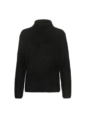 Black turtleneck sweater made from a textured knit material. Features long sleeves and a loose fit, providing a cozy, casual appearance.