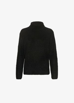 Pulover negru cu guler înalt realizat dintr-un material tricotat texturat. Dispune de mâneci lungi și o croială lejeră, oferind un aspect confortabil și casual.