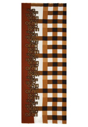 Brun, sort og hvid ternet tørklæde med en lodret brun stribe med gentaget "LIU·JO" tekst i guld og sort.