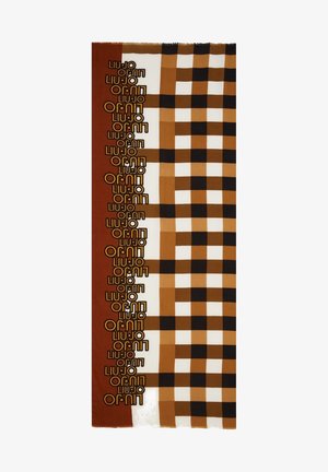 Brun, sort og hvid ternet tørklæde med en lodret brun stribe med gentaget "LIU·JO" tekst i guld og sort.