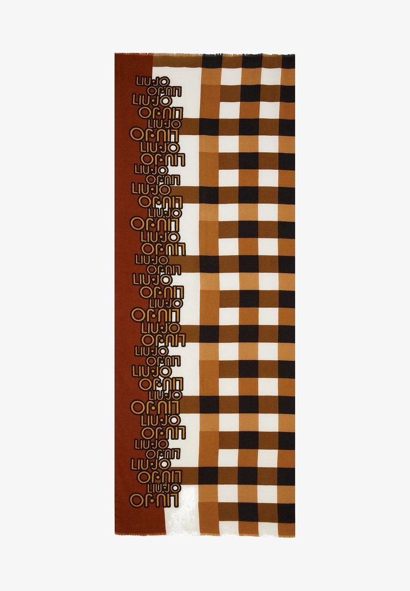 Écharpe à carreaux marron, noir et blanc avec une bande verticale marron comportant le texte répété "LIU·JO" en or et noir.