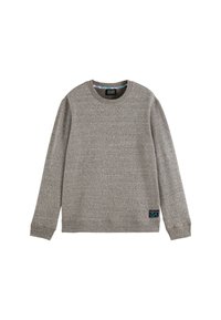 Grå sweatshirt med rund hals, lange ærmer og ribbede manchetter. Har et struktureret strikdesign og et lille logo patch ved kanten.