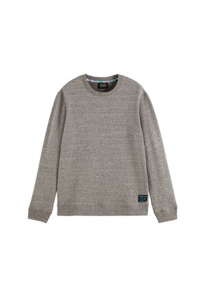 Gray sweatshirt with a crew neck, long sleeves, and ribbed cuffs. Features a textured knit design and a small logo patch at the hem.