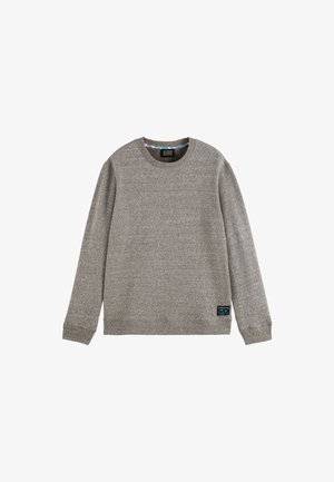 Gray sweatshirt with a crew neck, long sleeves, and ribbed cuffs. Features a textured knit design and a small logo patch at the hem.