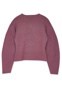 Pulover z dolgimi rokavi iz mehkega, rebrastega pletenega materiala, s krožnim izrezom in sproščenim krojem v zmerni mauve barvi.