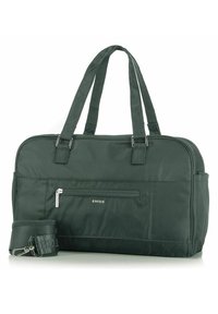 Borsa da viaggio verde protetta da RFID con doppio manico, chiusura con zip, tasca frontale e tracolla staccabile; realizzata in tessuto testurizzato.