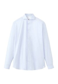 Chemise à manches longues bleu clair avec boutons, fabriquée dans un tissu doux, dotée d'un col classique, de boutons à l'avant et de poignets boutonnés.