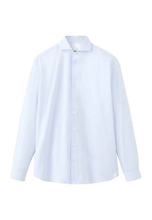 Camicia azzurro chiara a maniche lunghe con bottoni, realizzata in tessuto liscio, con colletto classico, bottoni frontali e polsini abbottonati.