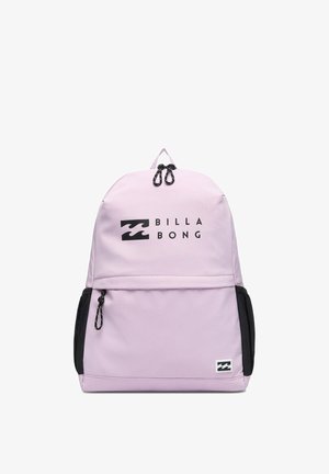 Light purple Billabong backpack with black zipper pulls and side mesh pockets, front logo text and wave symbol in black.