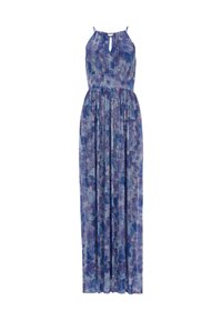 Vestido largo con tirantes ajustables, que presenta un patrón texturizado en tonos púrpura y azul, cintura fruncida y falda vaporosa. Detalle de escote en forma de llave.