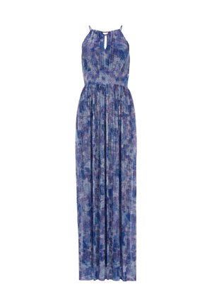 Vestido largo con tirantes ajustables, que presenta un patrón texturizado en tonos púrpura y azul, cintura fruncida y falda vaporosa. Detalle de escote en forma de llave.