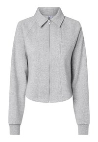 Veste grise courte en tissu lisse, avec un col, une fermeture éclair frontale et des poignets côtelés. Le design comprend des détails de coutures et une coupe ajustée.