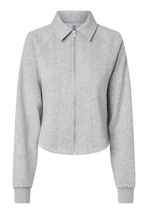 Pelēks saīsināts žakete no gluda auduma, ar apkakli, priekšējām rāvējslēdzēju un ribām apdari piedurknēs. Dizainā iekļautas šuvu detaļas un pieguļošs siluets.